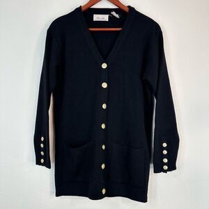 Vintage Cheri Q Black Ribbed Knit Cardigan Wool Blend Medium Ornate Buttons